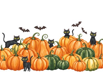 Obraz premium Halloween pumpkins cats bats autumn spooky october fall decoration festive season celebration party