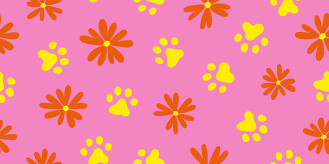 Summer theme color with dog paw footprint and flower seamless pattern. Design for fabric, textile, wrapping, wallpaper, background.