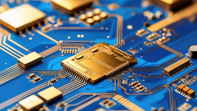 Gold-Plated Micrichip on Blue Circuit Board