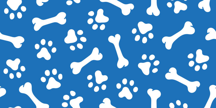 White dog paw footprint bones seamless pattern on blue background. Design for fabric, textile, wrapping, wallpaper.