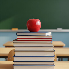back to school concept. red apple on a stack of books. Stacking books with a red apple in the classroom in front of green board.