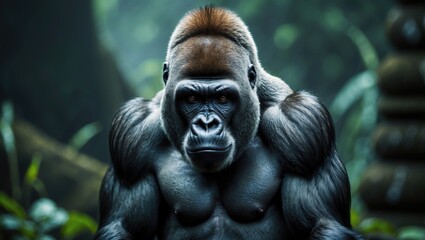 A gorilla in a lush forest setting with a serious expression.