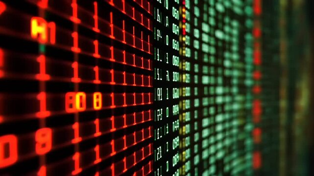 Abstract digital data visualization with green and red numbers representing binary code in motion