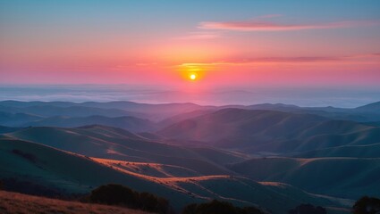 Gorgeous outline of a scenery in the glow of sunset, featuring the sun rising over it.