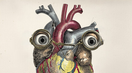 Surreal Anatomical Heart With Googly Eyes Vintage Medical Illustration