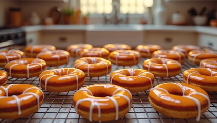 Homemade glazed donuts in a close-up on a wire rack, waiting for the drizzle to set