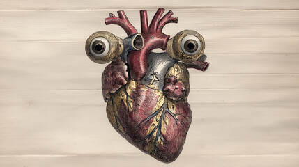 Vintage Anatomical Human Heart Illustration With Surreal Googly Eyes