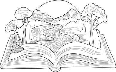 Open book with a river flowing from its pages
