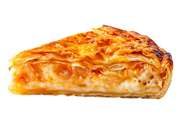 Close-up of a golden-brown flaky burek slice filled with cheese and pumpkin on a transparent background
