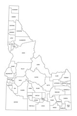 State of Idaho, subdivided into 44 counties, outline map with borders and county names. State in the Mountain West region of the United States, nicknamed The Gem State, or The Potato State. Vector