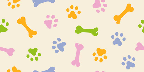 Very cute colorful dog paw footprint seamless pattern, design for fabric, textile, wrapping, wallpaper, background.