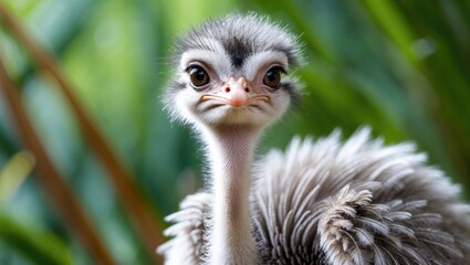 Young common ostrich in nature with a verdant background