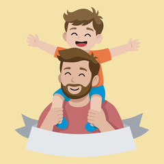 Cartoon Father with Son on His Shoulder. Celebrating World Father's Day
