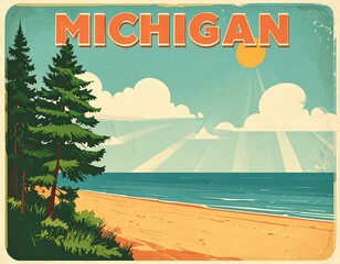 Vintage michigan postcard with beach and pine trees