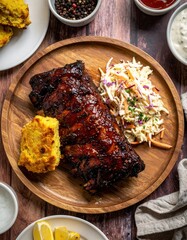 Barbecue ribs with coleslaw and cornbread on wooden plate