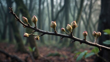 Close-up of budding flowers on a tree branch in a forest during early spring. Nature and growth concept. The start of new life and blossoming.