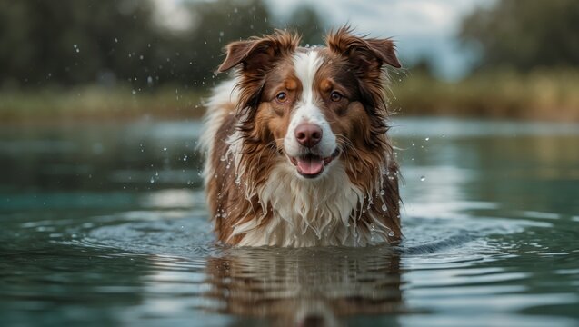 Brown and white bearded collie shaking while in a water-filled pool