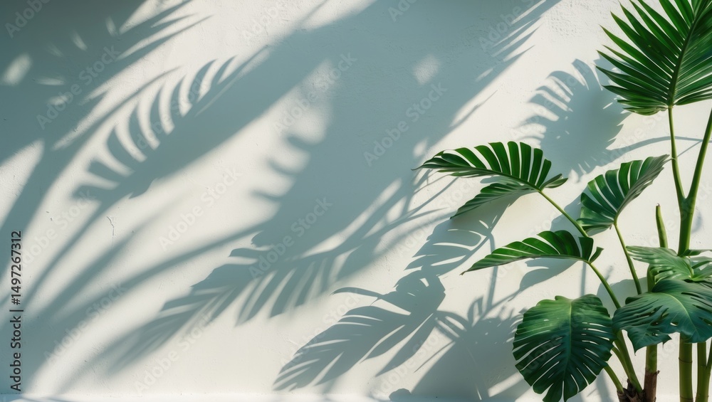 Wall mural shadows of tropical plant leaves on a white wall creating an abstract background with center copy sp