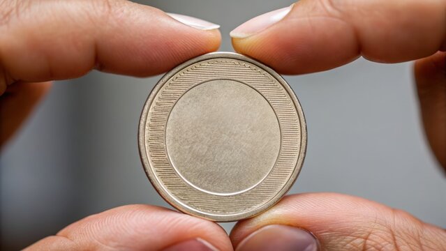 financial inclusion concept. Holding a coin between fingers, showcasing its design.