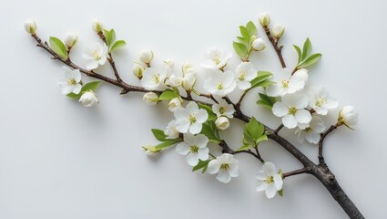 Obraz premium Tree branch with spring flowers, buds, and small green leaves isolated on a white background
