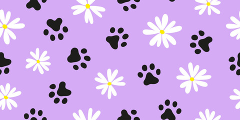 Beautiful dog paw footprint and daisy flower seamless pattern. Design for fabric, textile, wrapping, wallpaper, background.