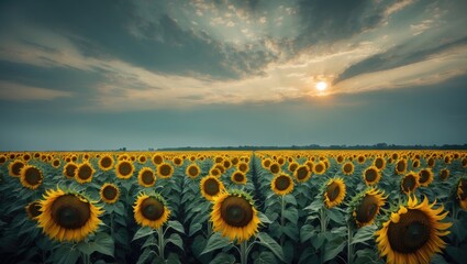 Obraz premium Sunflower field at sunset with dramatic sky and clouds, scenic rural landscape with bright flowers and a horizon view. Agriculture and nature, landscape and sunlight.