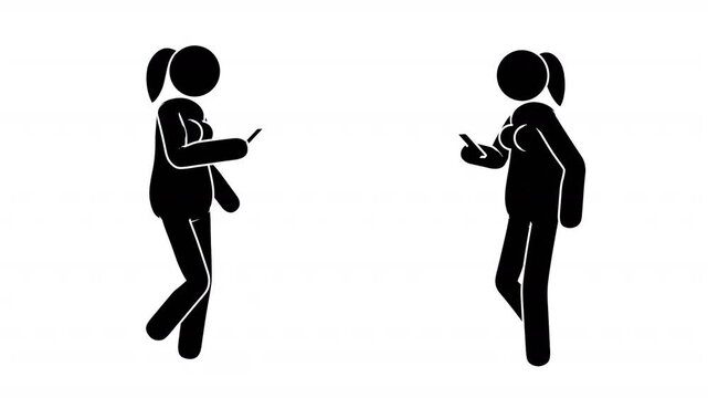 Pictogram woman walking with a smartphone in his hand. Stickwoman uses a smartphone on the go. Looped animation with alpha channel