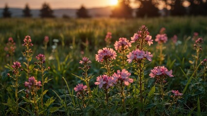Fototapeta premium Pink wildflowers in the grass at sunset. Flowers in the meadow landscape. Close-up. Evening countryside background. Quiet. Rural scene. Calm.