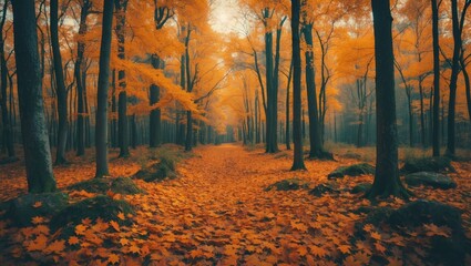 Autumn forest with trees and fallen leaves, peaceful nature scene.
