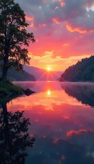 Obraz premium Vibrant sunrise over a tranquil lake, reflecting serenity and peaceful wellbeing Perfect for relaxation, mindfulness, and healthy living themes , mindfulness, clouds