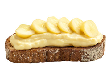 Open faced sandwich featuring dark bread, cream cheese and sliced cooked potatoes on a transparent background.