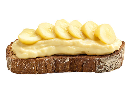 Open faced sandwich featuring dark bread, cream cheese and sliced cooked potatoes on a transparent background.