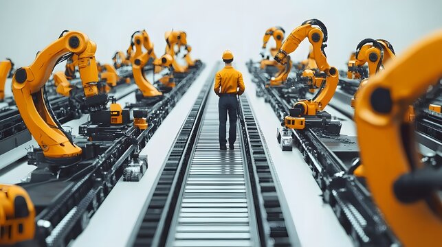 A man is walking down a train track with many robots. The robots are orange and black. The scene is industrial and futuristic