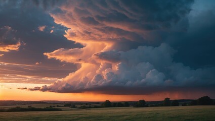 Fototapeta premium Dramatic storm cloud sunset over open fields with vibrant colors and textured clouds.