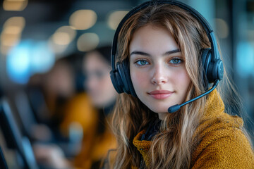 A dedicated call center agent wearing a headset engages with clients in a lively, collaborative open office space filled with coworkers. Her concentration reflects a commitment to service