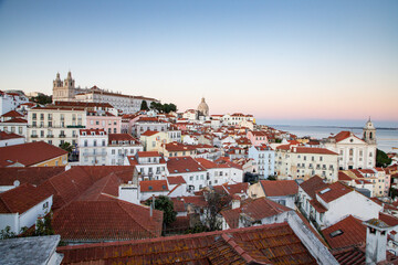 Fototapeta premium panoramic view of skyline of Lisbon city, Portugal, many colorful houses in the Alfama district