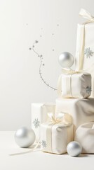 Elegant white Christmas gifts with snowflake decorations and silver baubles
