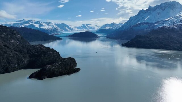 Grey Glacier In Torres Del Paine Puerto Natales Chile. Birds Eye View Of Famous Glacier In A Patagonia Landscape. Nature Travel Destination Snow Covered Forest Trees.