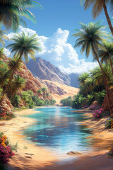 Nestled in a tranquil paradise, the oasis features a shimmering blue lagoon surrounded by lush palm trees and colorful flowers, with golden sand dunes rising majestically in the background