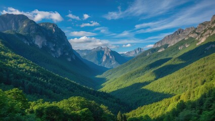 Fototapeta premium Lush green valley surrounded by towering mountains under a partly cloudy sky. Scenic mountain landscape. Nature and outdoor scenery.