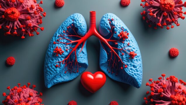 Overhead depiction of human lungs featuring blood cells and heart on a gray surface, space for text, awareness for lung cancer, healthcare and medicine idea - Powered by Adobe