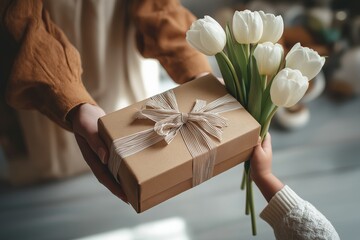 Close up of hands exchanging a gift and flowers, celebrating mother's day or birthday with love and appreciation