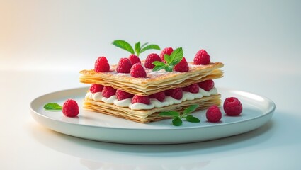 Isolated white plate featuring a mille feuille dessert topped with raspberry and whipped cream