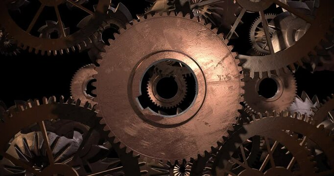 Aged Industrial Gears in Continuous Rotation with Cinematic Depth. Industry And Teamwork Related 3D Animation.