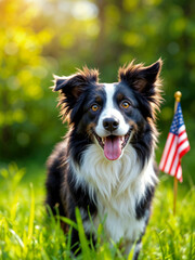 Fototapeta premium Cheerful border collie dog sitting in summer grass beside small American flag, celebrating patriotic holiday outdoors