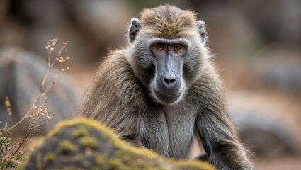 Obraz premium Close-up of a baboon in its natural habitat with detailed facial features and fur. Wildlife and nature photography. Mammals in the wild. The image captures animal behavior and environment.