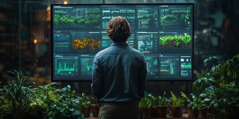 a futuristic smart farming control center, a farmer analyzing real time crop and weather data on a large digital display