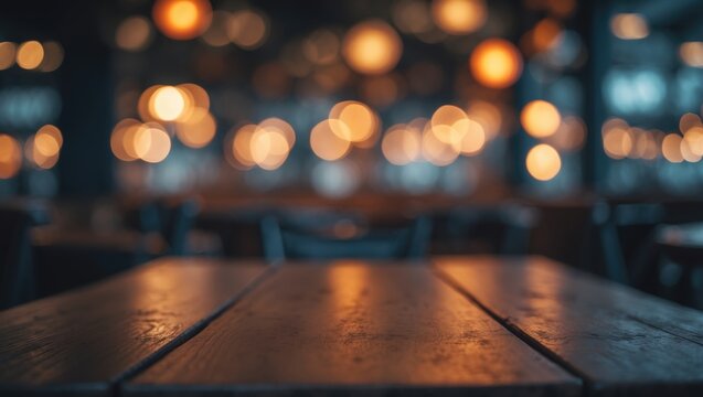 Vacant wood table surface amidst blurred bokeh illumination in a dark setting, selective focus.
