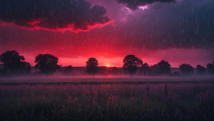 Fototapeta premium A thunderstorm occurring over a landscape with trees at sunset, illuminated by vibrant red and purple hues, with rain falling across the scene.