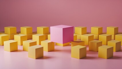 Striking pink box set against a backdrop of yellow boxes.